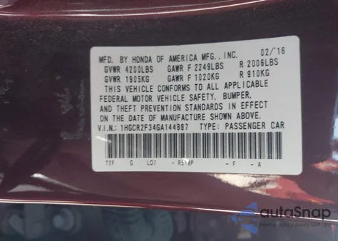 2016 Honda Accord Lx from USA, damaged, VIN 1HGCR2F34GA144897